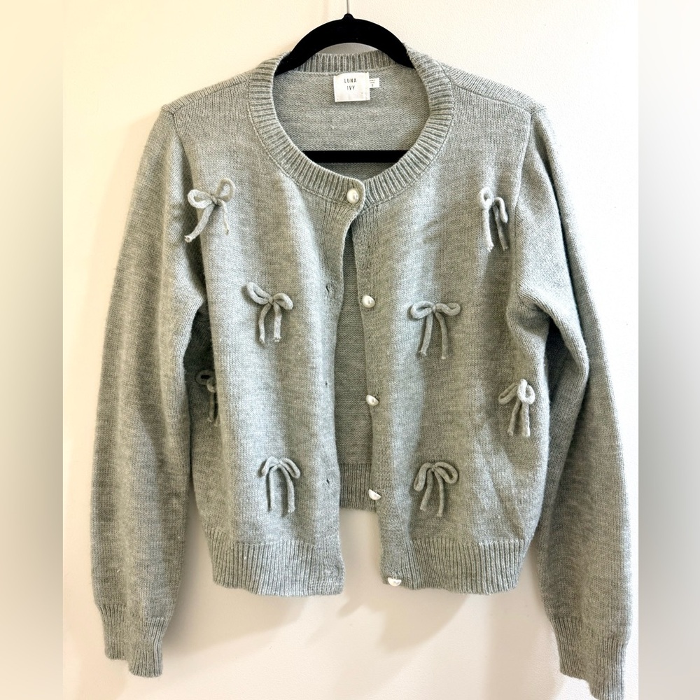 Luna Ivy Gray Women's Cardigan with Bow Accents Size S - Picture 3 of 10